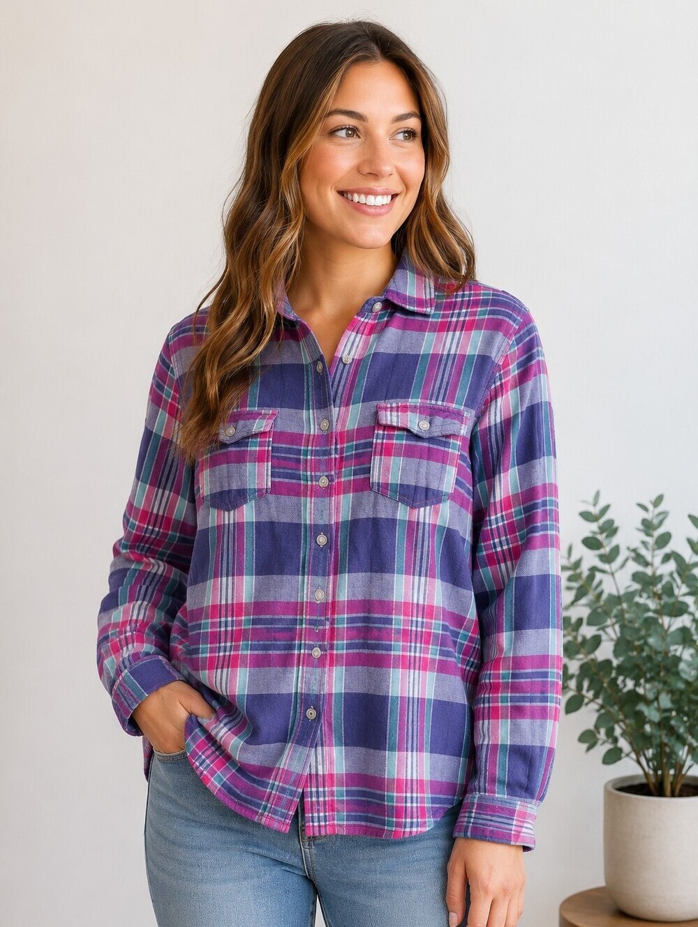 Coupé Pink/Blue/Green Plaid Flannel  Shirt, L
